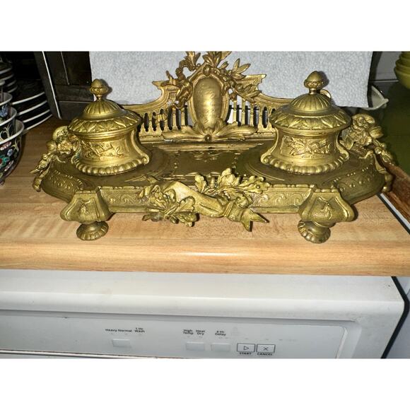 ANTIQUE 19TH CENTURY FRENCH BRASS DOUBLE INKWELL WITH GERMAN INSCRIPTION - Picture 1 of 11